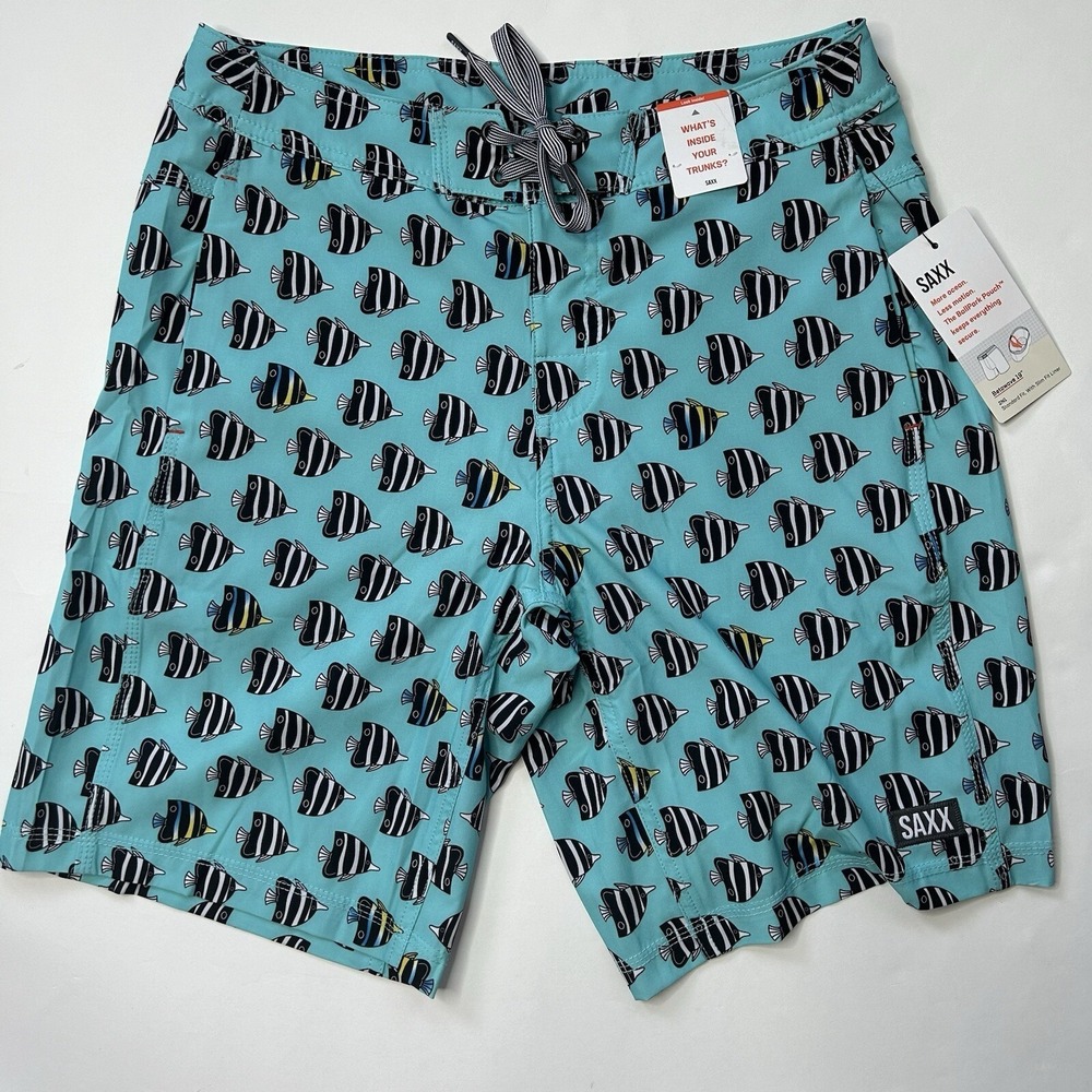 SAXX Board Shorts Mens 30 Brief Lined Pockets Fish Print Betawave 19" Trunks